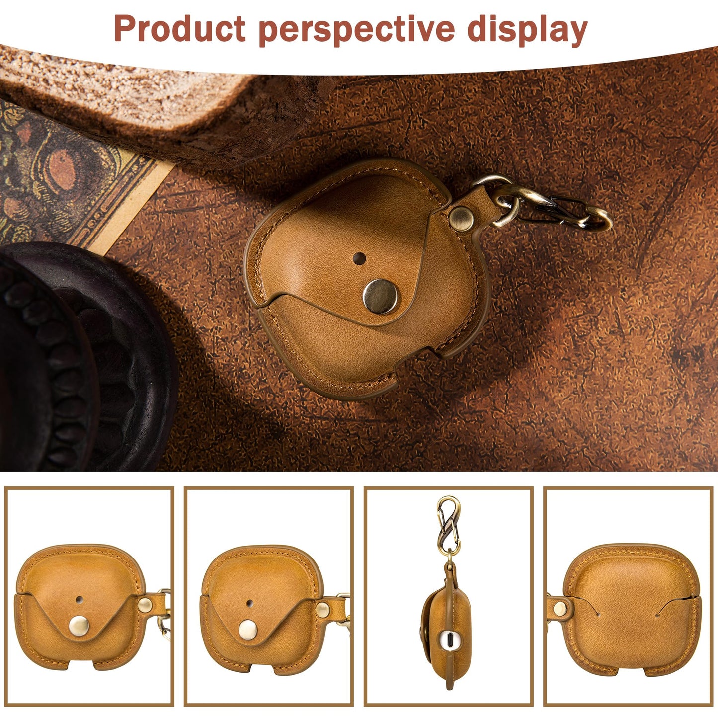 for Apple Airpods 4 (2024 Release), Elegant Retro-Style Crazy Horse Leather Case Cover with Keychain, Supports Wireless Charging, Features Front LED Visibility for Easy Status Check (Brown)