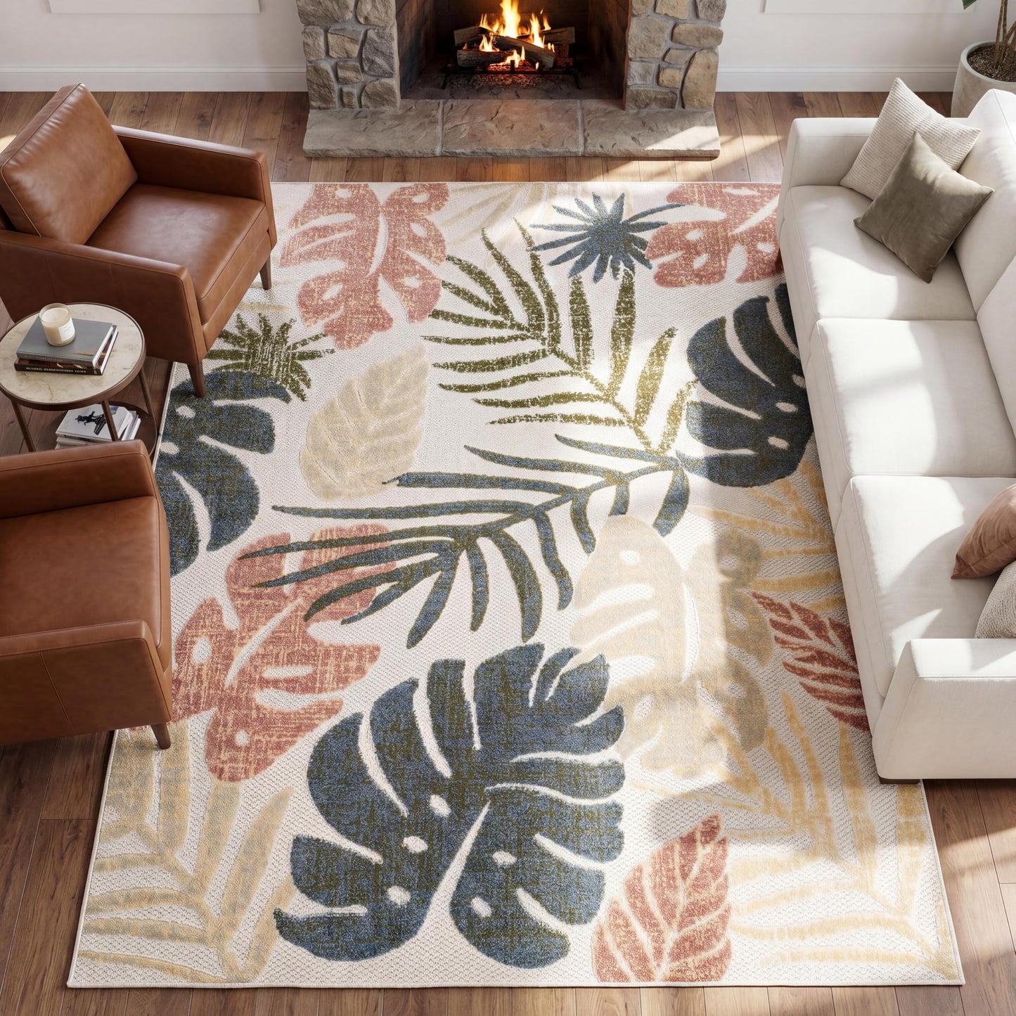 JONATHAN Y Tropical Leaf Indoor Outdoor Area Rug 8x10 Cream/Multi, Monstera High-Low for Backyard, Patio, Porch, Easy-Cleaning, High Traffic, Pet-Friendly, Non-Shedding (AMC113D-8)