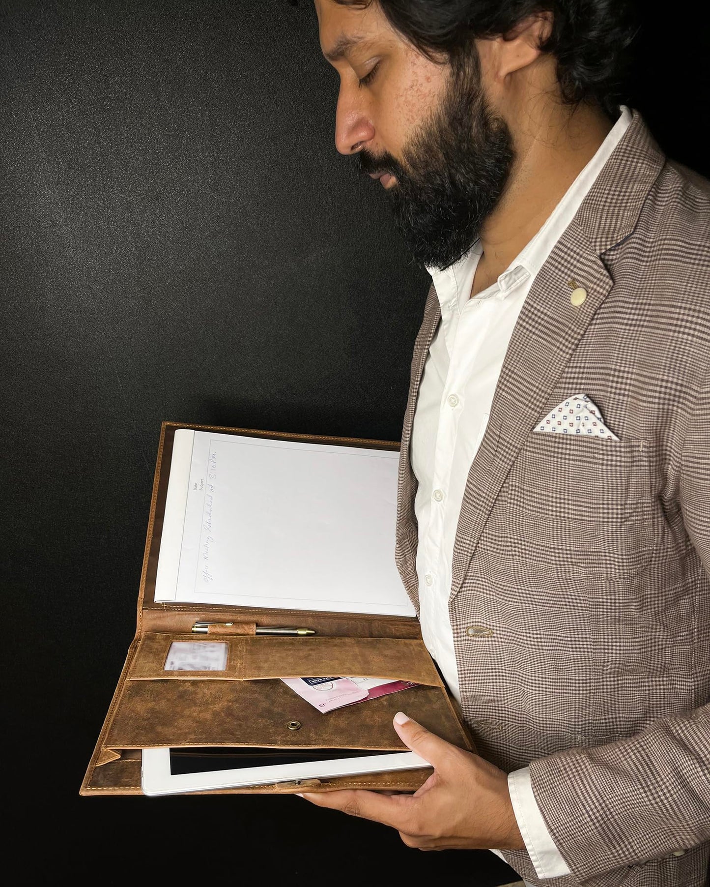 Leather A4 Conference Folder | Professional Organizer for Men and Women | Handmade Durable Leather Portfolio with Sleeves for Documents and Notepad by Rustic Town (Brown)