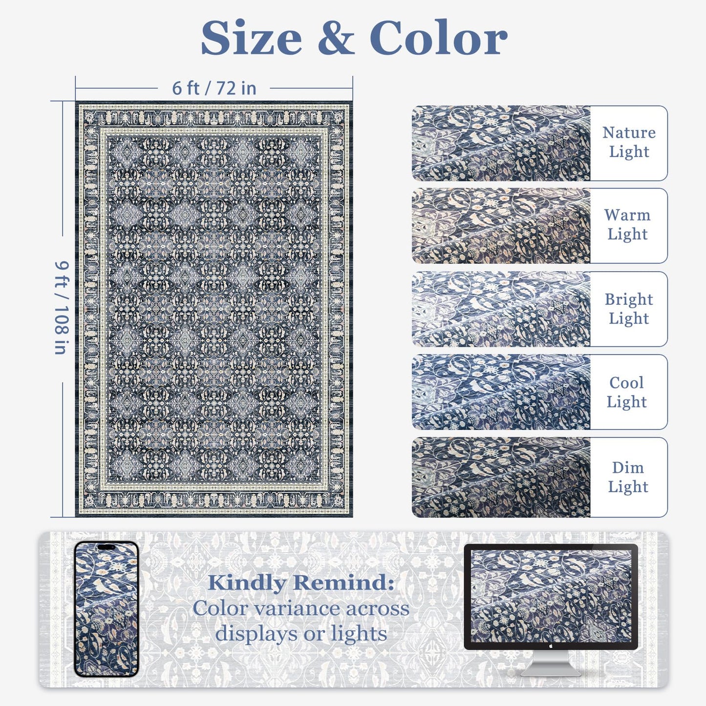 Jainmy Dark Blue Area Rug 6x9, Boho Floral Moroccan Trellis Printed Transitional Style Rugs for Living Room Bedroom, Washable Non Slip Low Pile Thin Carpet Rug for Dining Room Guest Room Home Office
