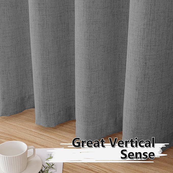 Tollpiz Short Linen Curtain Living Room Rod Pocket Semi Sheer Curtains Burlap Light Filtering Thick Linen Drape for Bedroom, 54 x 45 inches Long, Dark Grey, Set of 2 Panels