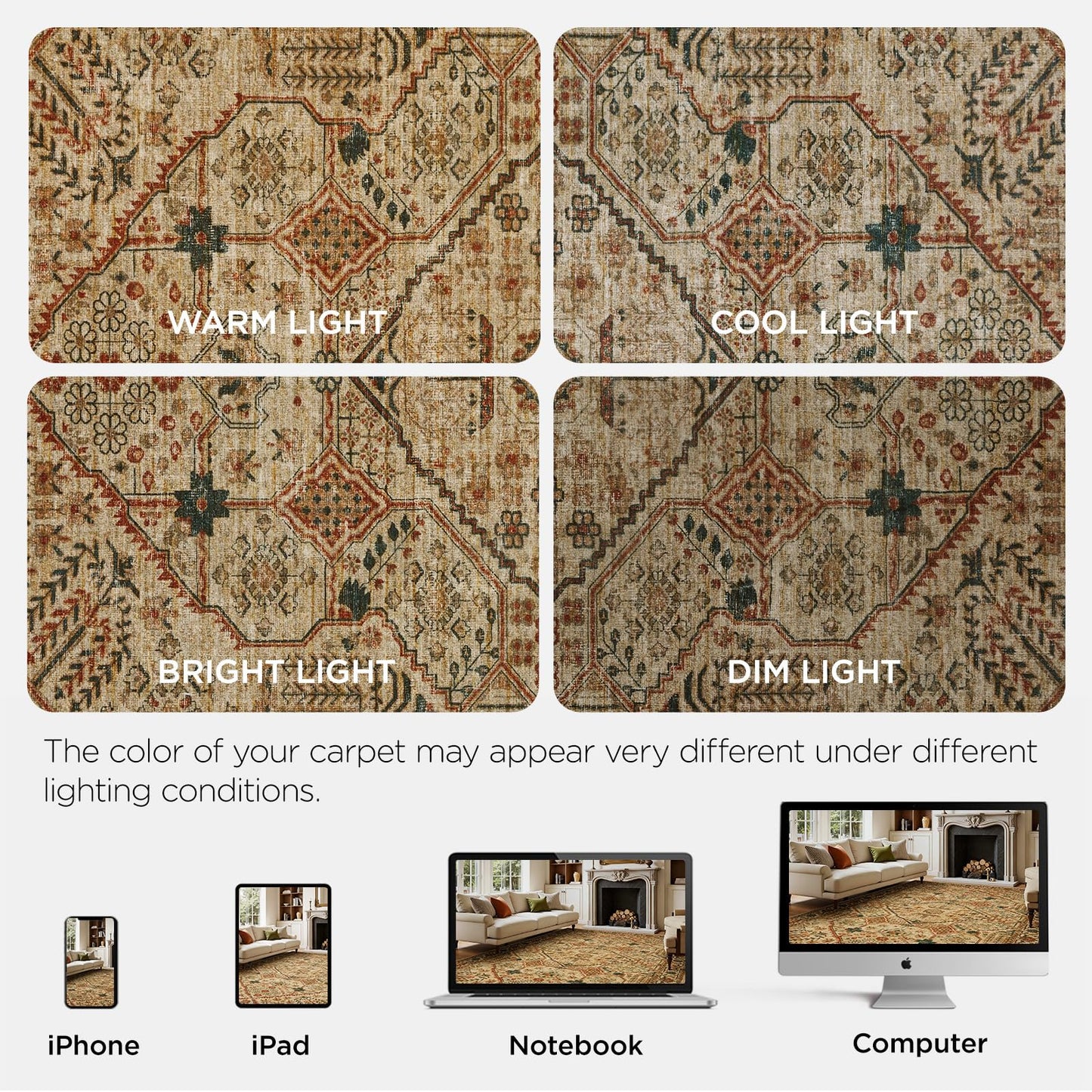 Joydeco 3x5 Area Rugs for Living Room, Non Slip Machine Washable Vintage Rug, Low Pile Chenille Print Rugs for Bedroom, Dining Room, Home Office, Pet & Child Friendly, Tan