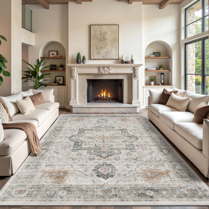 Rugland Washable Rugs 8x10 - Low Pile 8x10 Area Rugs, Anti Slip Stain Resistant Large Rugs for Living Room, Vintage Medallion Printed Machine Washable Area Rugs(8'x10', Taupe/Grey)