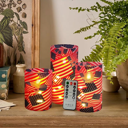 Flickering Flameless Candles Stars and Stripes Print US Flag, Embedded Star String Lights, Battery Operated Acrylic LED Pillar Candles with 11-Key Remote and Timer for Home Decoration, 3 Pack
