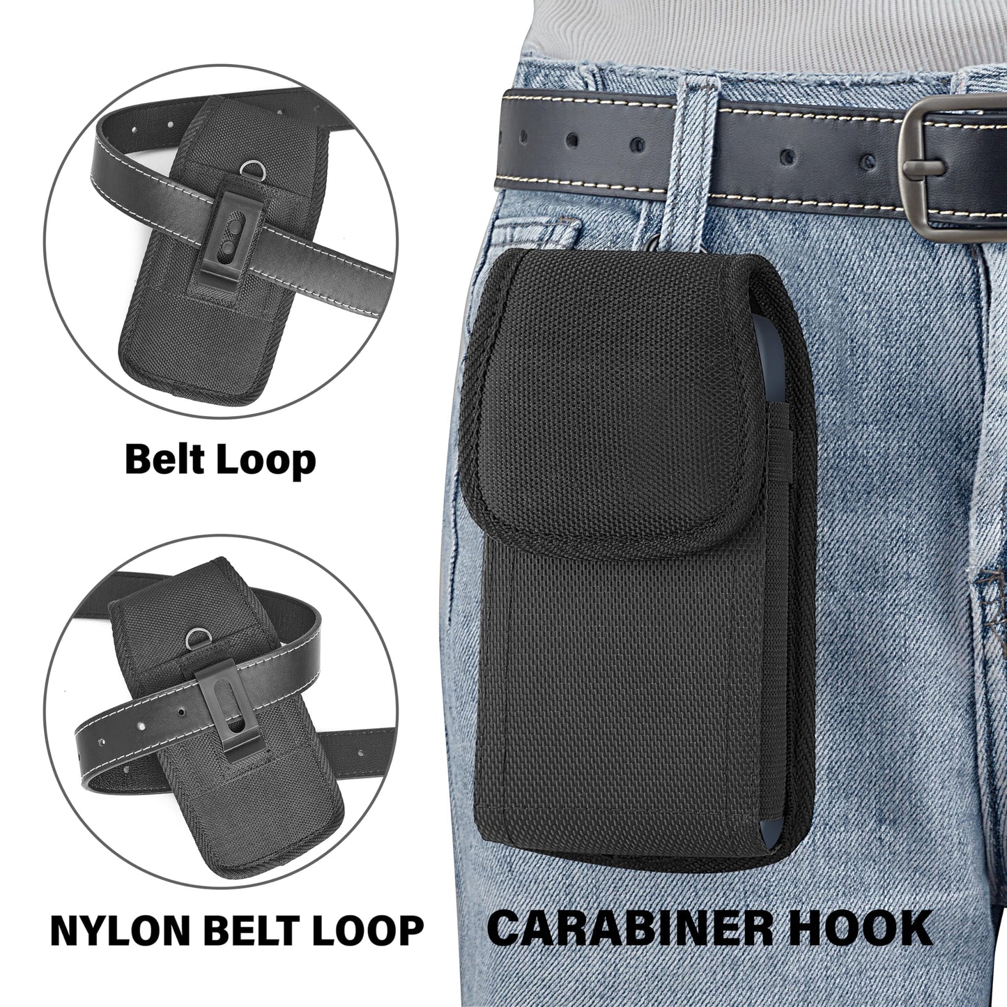 NUVAVO Holster for iPhone 17 16 15 14 13 12 11 Xs X XR/Pro Models, Cell Phone Belt Holder Case with Clip for Men, Heavy Duty Nylon Pouch (Fits Phone with Otterbox Cover on) Black