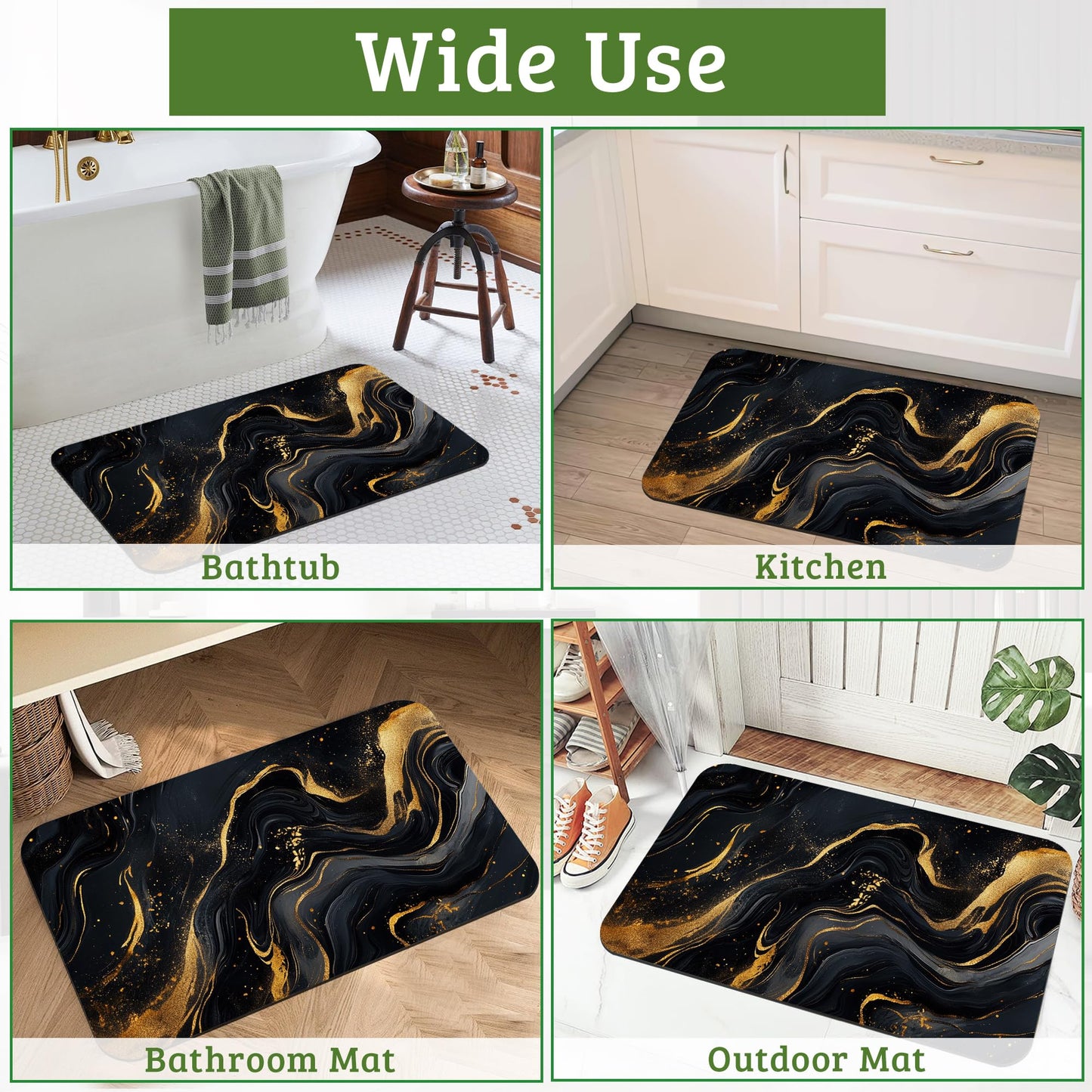 NSMNSM Black Gold Marble Bathroom Rugs Mat Non Slip Washable Quick Dry Absorbent Thin Bathroom Rug-Bath Mats for Bathtub, Sink, Shower Room, Christmas Decorations,17"x 29.5"