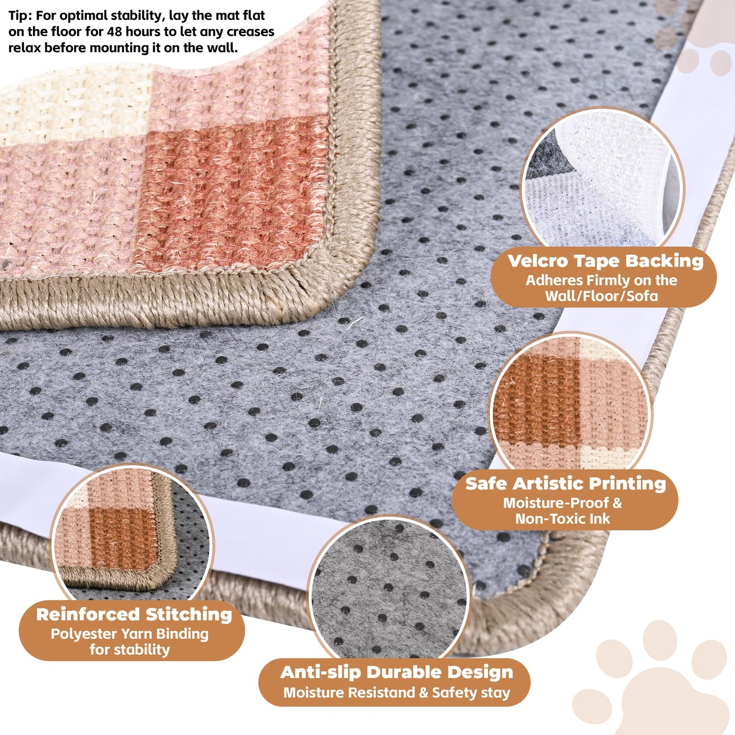LESISSMER Cat Scratcher Mat, Natural Sisal Cat Scratch Pad, 23.6x15.7 Inch Horizontal Cat Floor Scratching Pads Rug with Hook & Loop to Protect Couch & Carpets & Sofas（Coffee White）