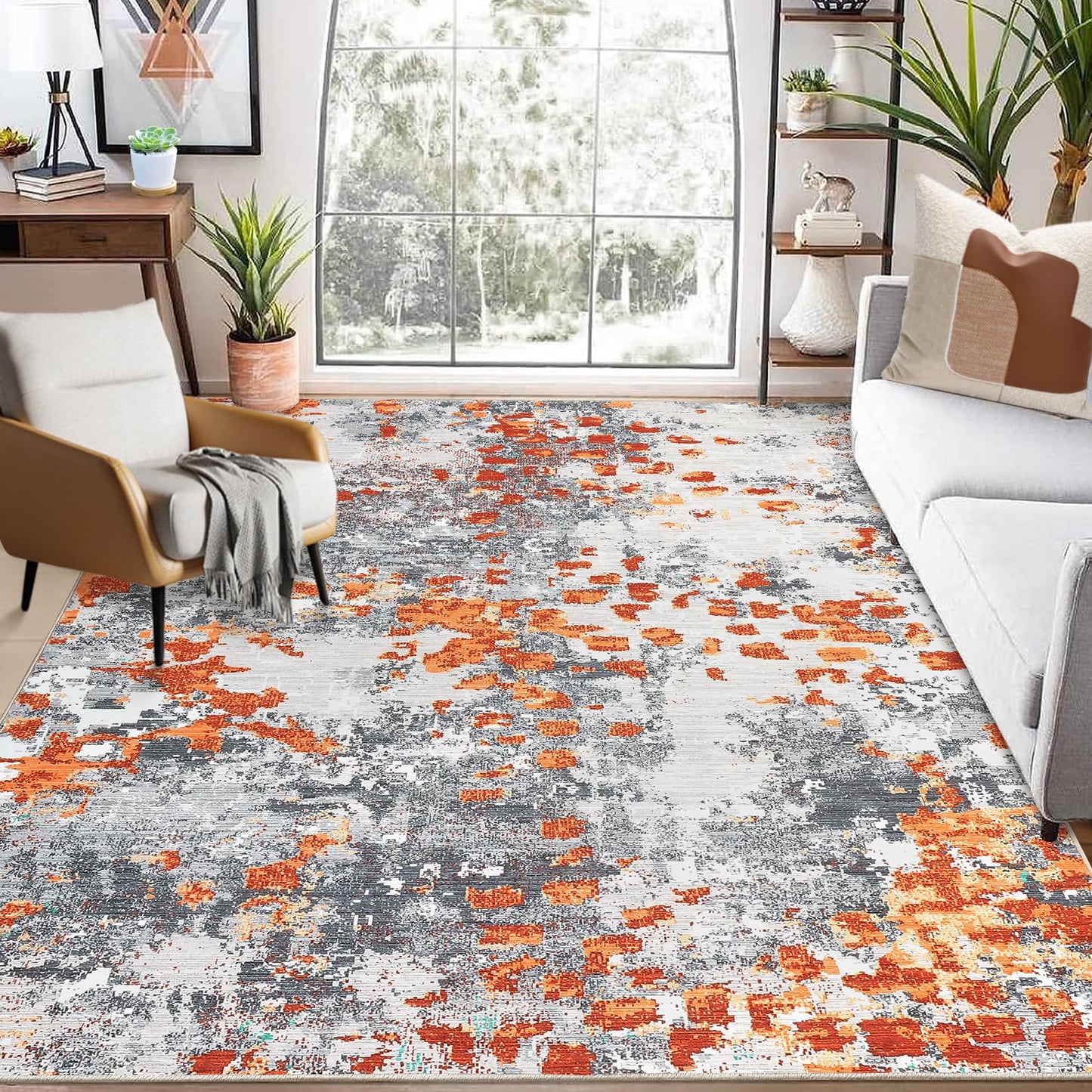 GarveeHome Area Rug 4x6 Machine Washable Rug Modern Abstract Rug Non Slip Non Shedding Indoor Floor Cover Low Pile Rug for Bedroom Living Room, Orange/Grey