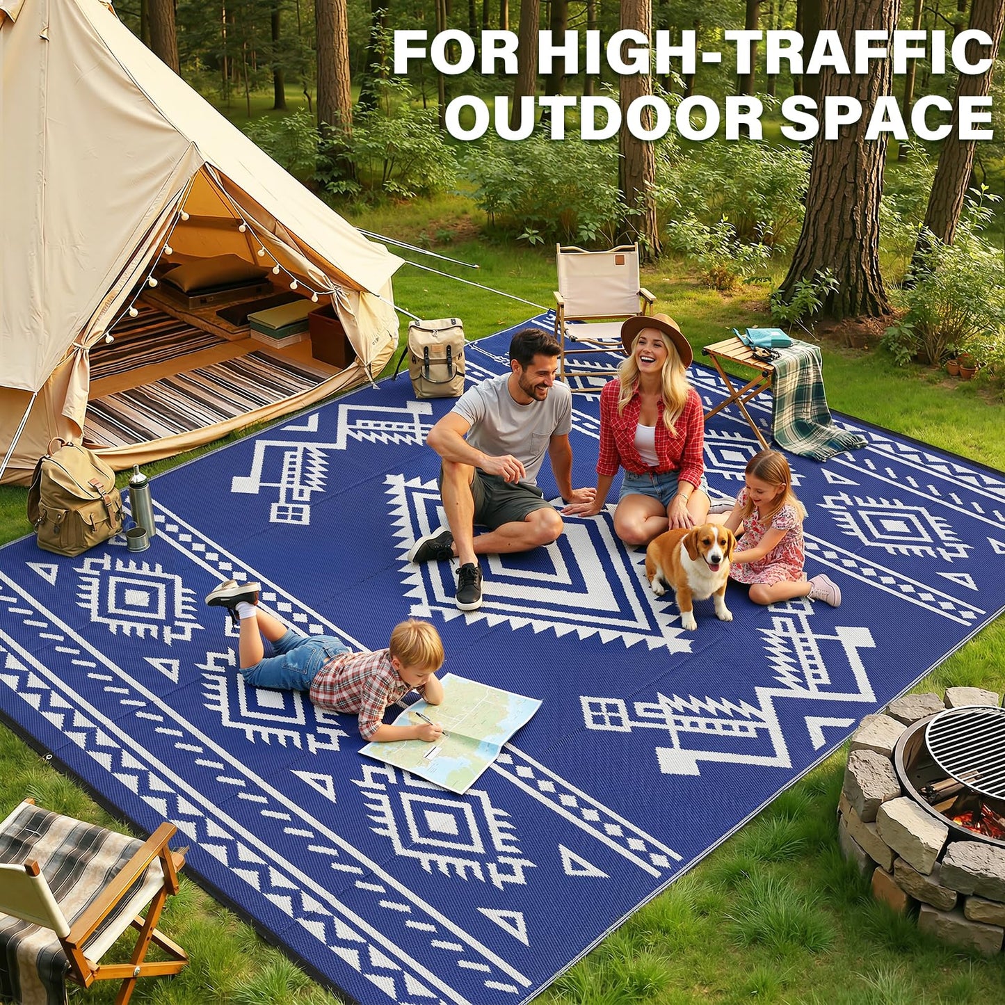 GOTGELIF 9x18 ft RV Camping Rug Waterproof, Large Reversible Bohemian Outdoor Plastic Straw Mat with Carry Bag, 4 Stakes & Seam, UV-Resistant Portable Carpet for Patio Pool Beach Deck (Blue & White)