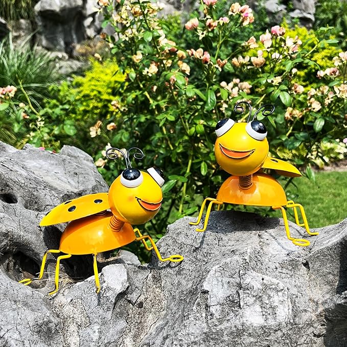 Metal Yard Art Garden Decor for Outside Cute Yellow Ladybugs Lawn Patio Ornaments Backyard Decorations Garden Gifts for Mom - Set of 2