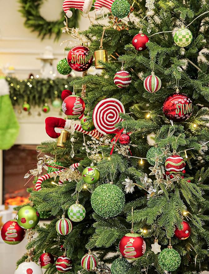 16Pcs Christmas Ball Ornaments Lime Green Red and White Christmas Tree Decorations Set 2.36" Shatterproof Plastic Ornaments for Tree, Hanging Xmas Décor for Office Holiday Home Indoor&Outdoor