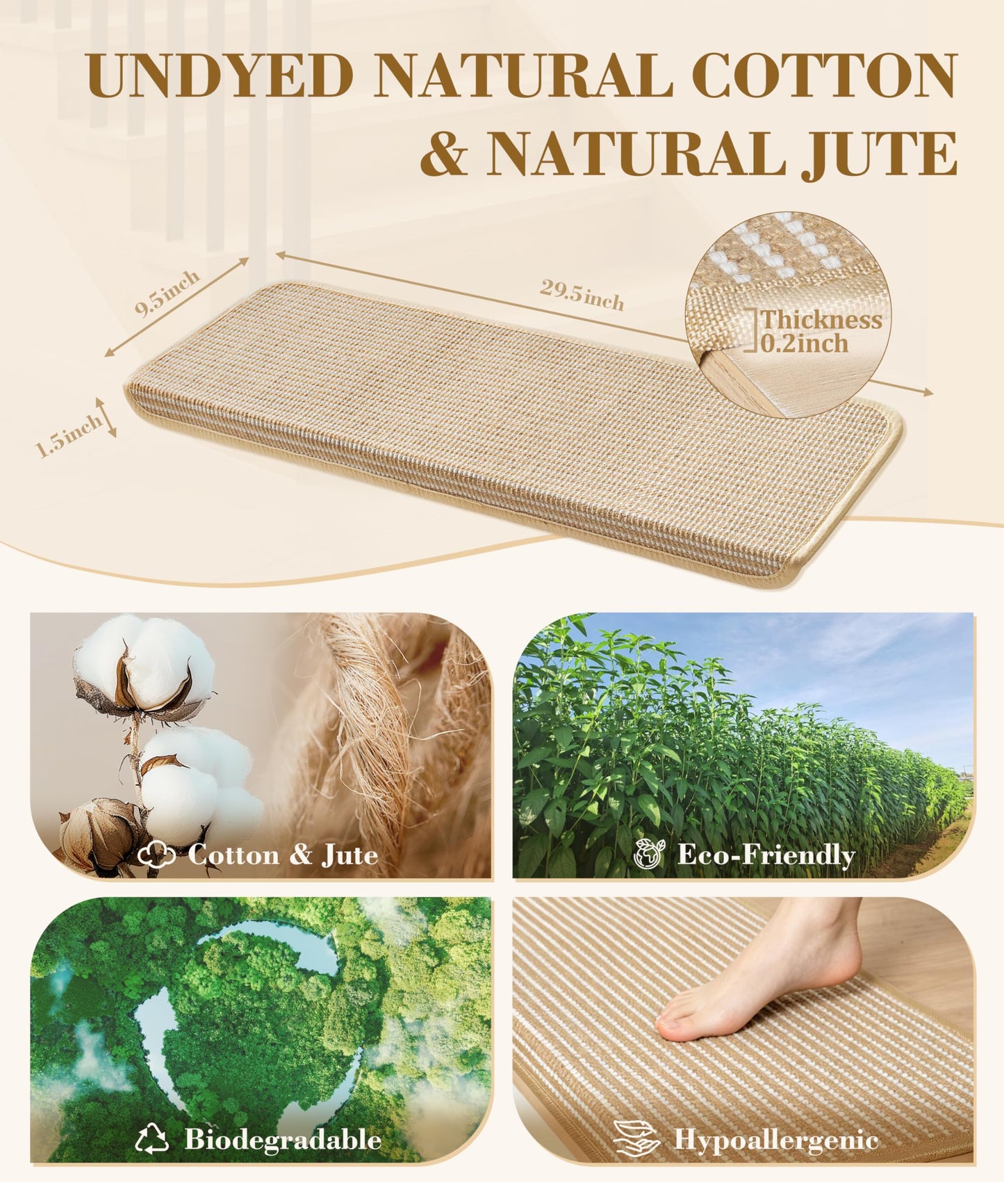 Bullnose Stair Treads for Wooden Steps: 14 Pack Bullnose Stair Carpet Treads Washable Non Slip Peel and Stick Carpet Runner for Wood Stairs 29.5"x9.5"x1.5" Beige and Natural