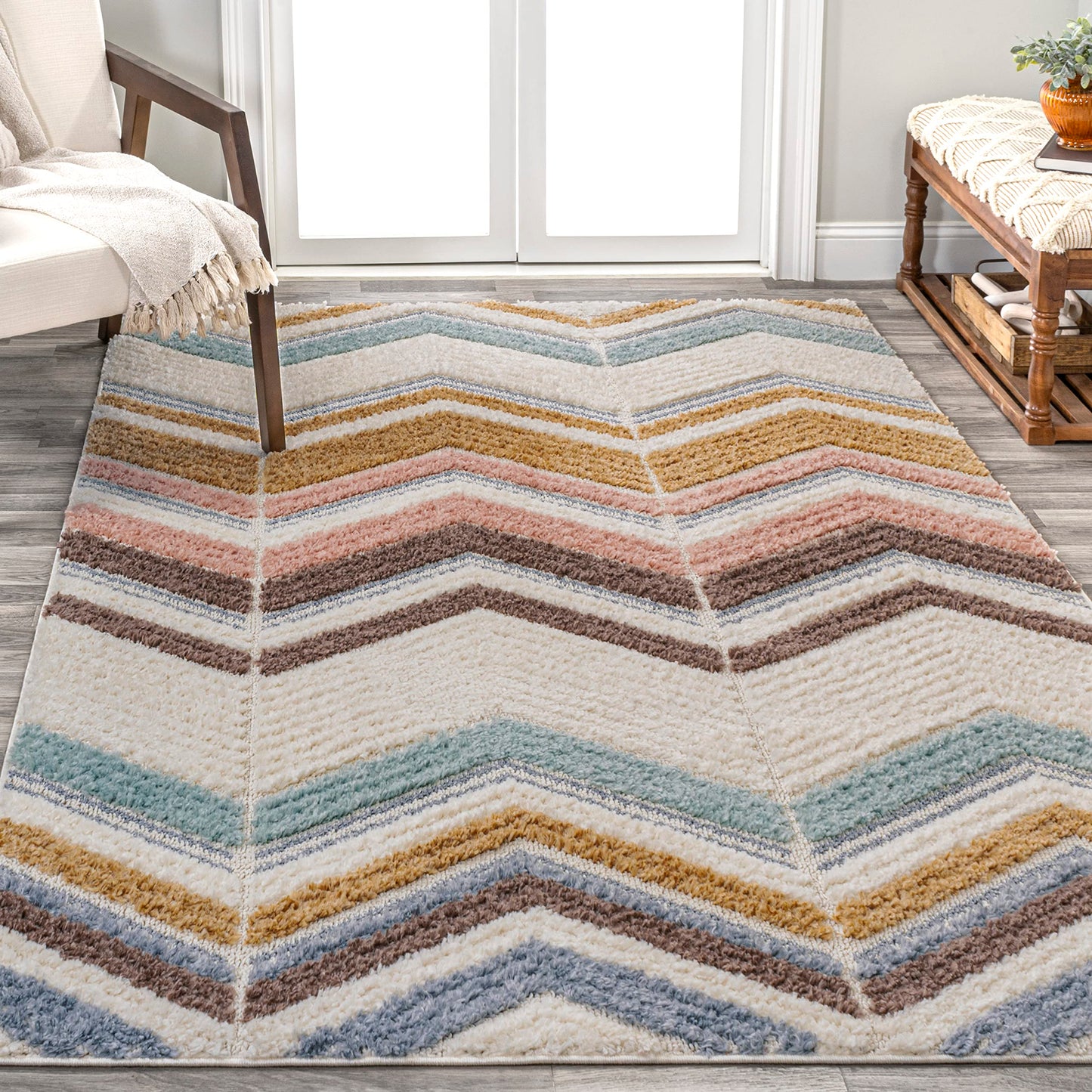 JONATHAN Y Chevron High-Low Multi/Cream Indoor Area Rug 3X5 ft, Elin for Living Room, Bedroom, Kitchen, Office, Easy-Cleaning, High Traffic, Pet-Friendly, Non-Shedding SNT101A-3