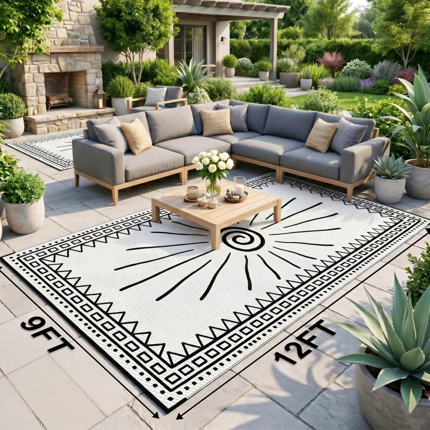 CircleRoad RV Outdoor Rug 9x12 Waterproof Patio Rug Mat with 4 Stakes UV Resistant Reverisble Plastic Straw Outdoor Rug with Carry Bag for RV Camping Picnic Beach