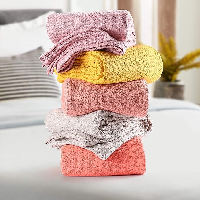 BELIZZI HOME 100% Cotton Bed Blanket, Breathable Bed Blanket Full Queen Size, Cotton Thermal Blankets Full Queen, Perfect for Layering Any Bed for All Season, Baby Pink