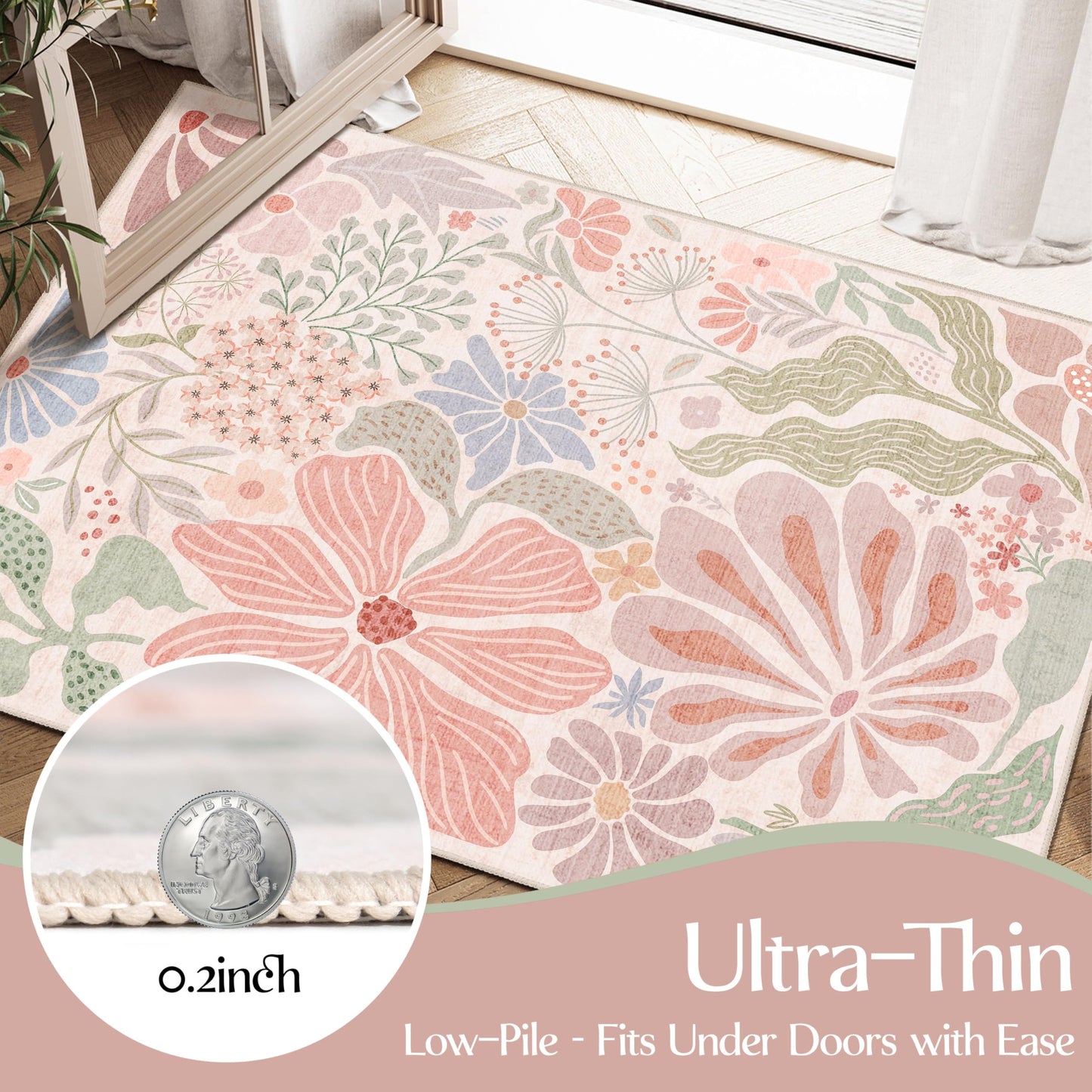 MUJOO Pink Washable 2x6 Runner Rugs for Hallway Kitchen Bedside,Floral Long Area Rug for Bedroom Bathroom Laundry Room Floor Non Slip Carpet Throw Rug Boho Modern Abstract Botanical Flower
