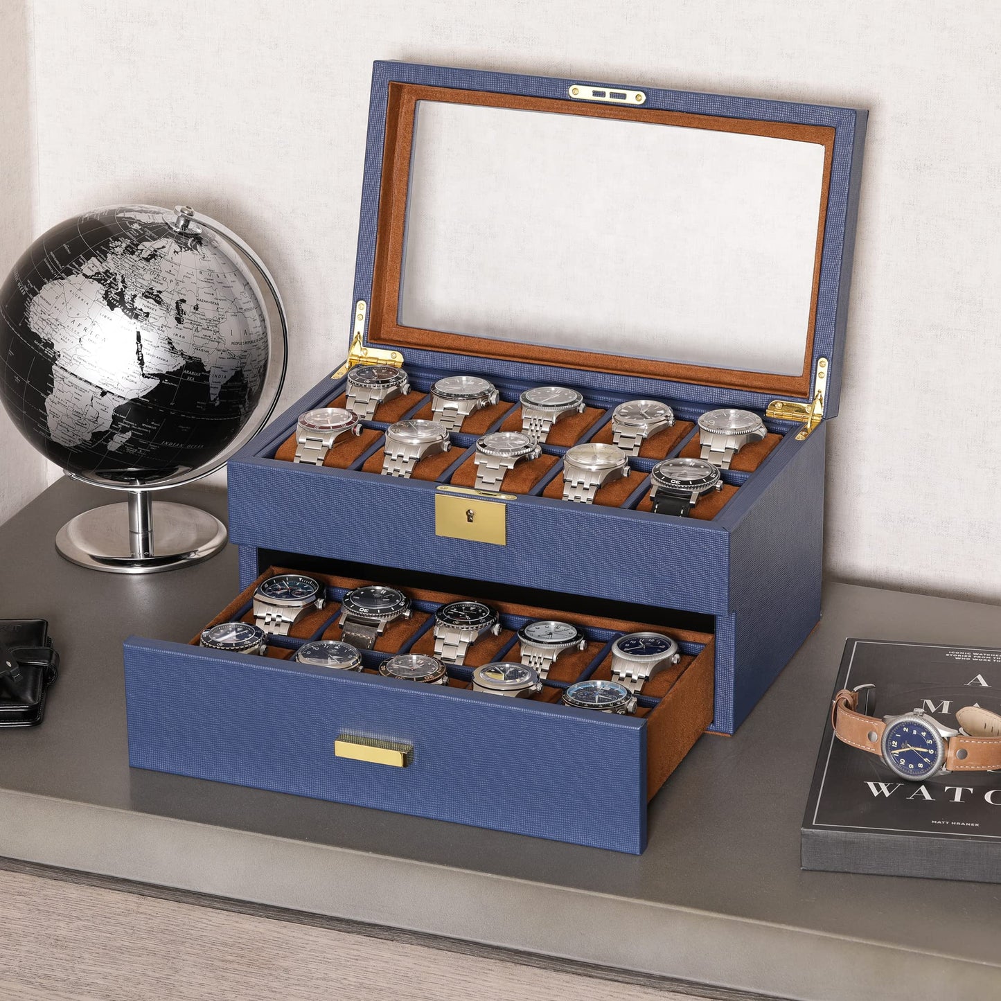 ROTHWELL 20 Slot Leather Watch box - Luxury Case Display Jewelry Organizer, - Locking Display Case Holder with Large Real Glass Top - Watch Box Organizer for Men and Women (Blue/Tan)