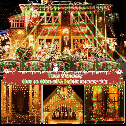 131 FT 1280 LED Christmas Lights Outdoor Decorations Super Long Clear Wire String Lights Plug in 240 Drops 8 Modes Memory Timer Curtain Fairy Lights Waterproof for Holiday Wedding Party-Red and Green