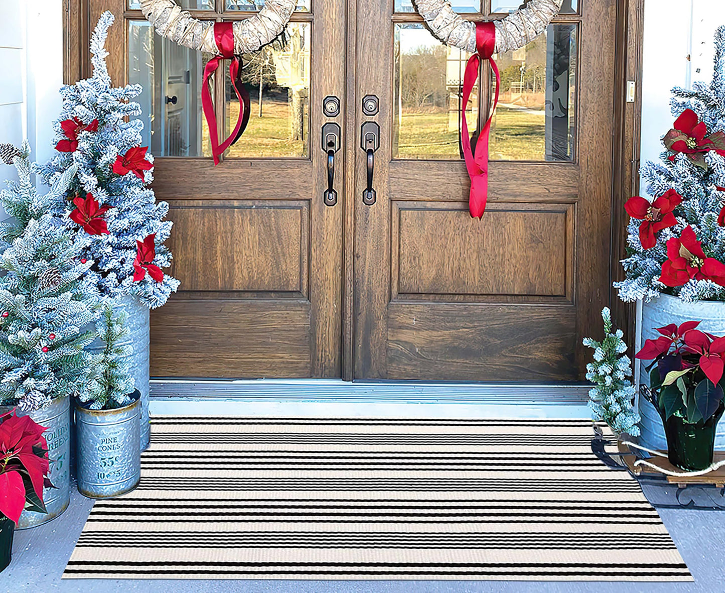Black and White Striped Outdoor Rug 24'' x 51''Farmhouse Front Porch Rug Hand-Woven Machine Washable Layered Door Mats for Entryway/Bedroom/Patio/Porch Decor