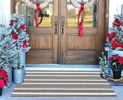 Black and White Striped Outdoor Rug 24'' x 51''Farmhouse Front Porch Rug Hand-Woven Machine Washable Layered Door Mats for Entryway/Bedroom/Patio/Porch Decor