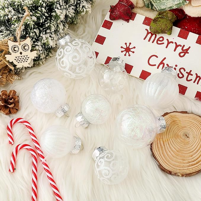 XmasExp 32ct Christmas Ball Ornaments Set -White Clear Plastic Shatterproof Xmas Tree Ball Decorations Hanging Baubles for Holiday Decor