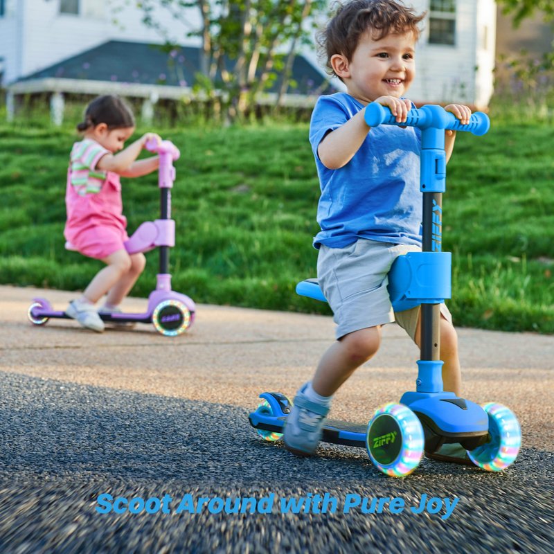 JOVA ZIFFY 2-in-1 Toddler Scooter with Seat, 3 Wheel Scooter with LED Lights, Anti-Slip Surface, Adjustable Height Handlebars and Foldable Seat, Toys for Kids Ages 3-12, Blue (Up to 110 Lbs)