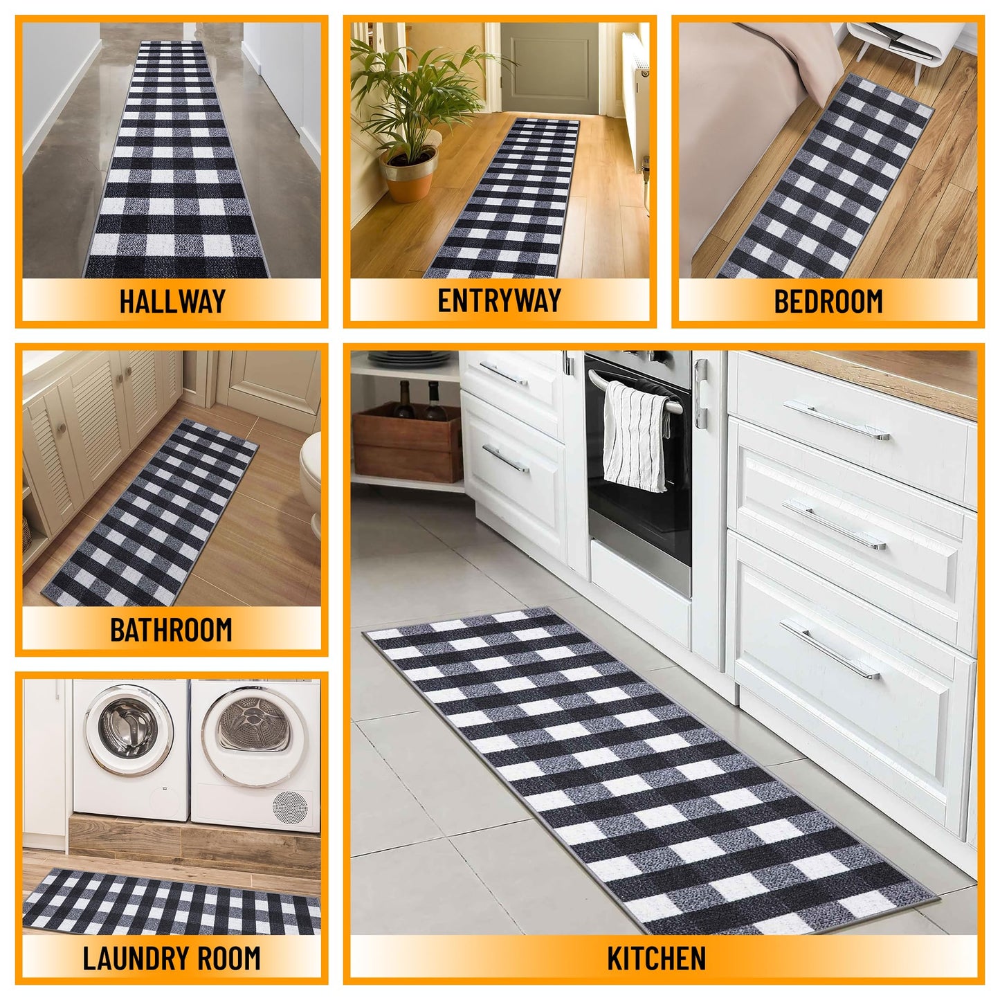 Ottomanson 1'10.5" x 6' Kitchen Runner Rug – Non Slip Stain Resistant Low Pile Kitchen Floor Mat for Sink, Laundry Room, Hallway & Bathroom, Checkered Black/White