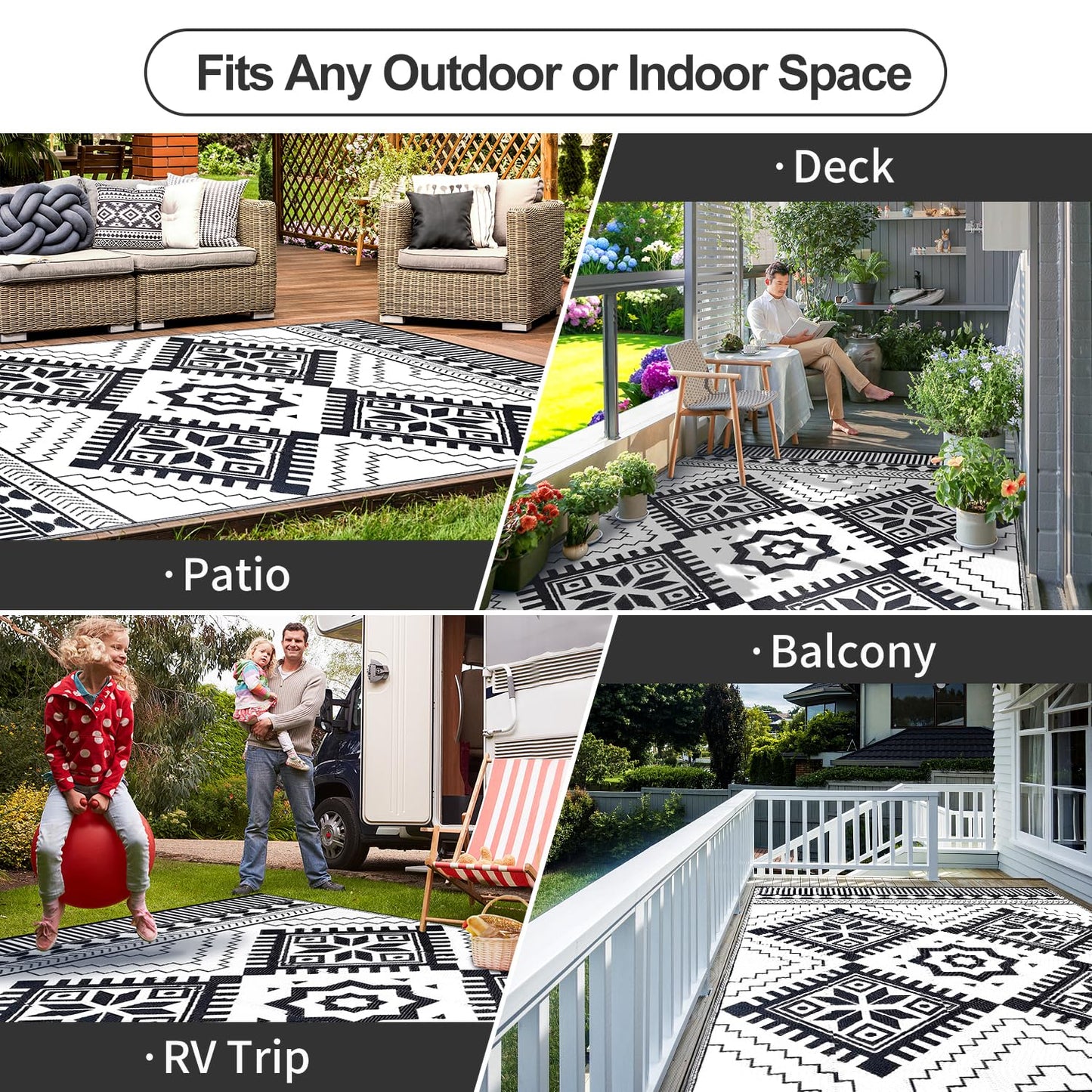 Waterproof Outdoor Rug 6x9ft, Boho Reversible Plastic Straw Mat for Patio RV Deck Porch Backyard Balcony Camping Picnic Beach Indoor Outdoor Carpet, Black&White