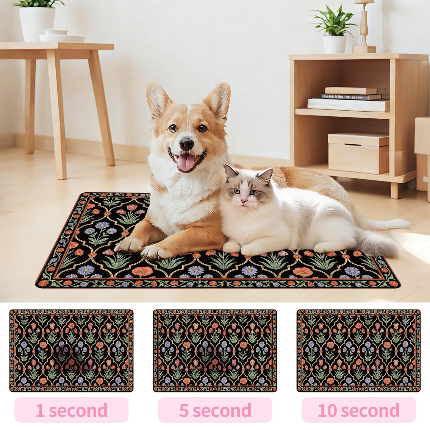 Pet Feeding Mat 24 x 16 Inch, Black Floral Pet Placemat Absorbent Quick-Dry for Food and Water, Waterproof Non Slip Rubber Bowl Pad Mat for Floors