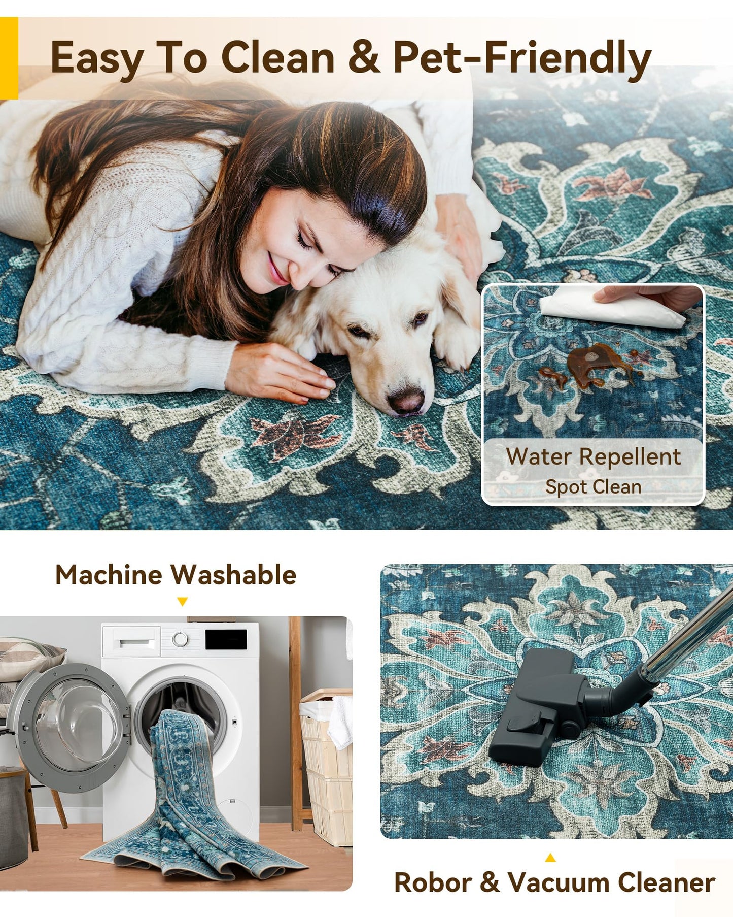 RELEANY Area Rugs 5'x7' Washable Non-Slip, Floral Vintage Distress Medallion Carpet for Living Room Bedroom Dining Room, Teal Green Lake Blue Turquoise
