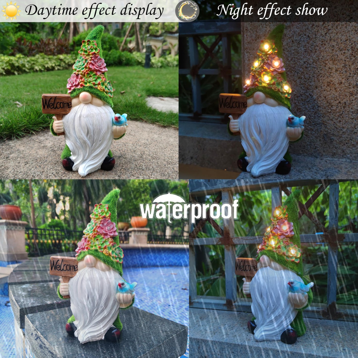 VIOYOUNS Solar Gnomes Garden Statues,Resin Gnome Figurine Holding Welcome Card and Bird with Solar Lights, Outdoor Gnomes Decorations for Yard Patio Lawn Porch, Garden Gifts