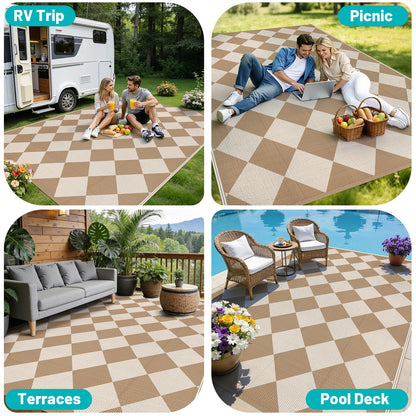 HEBE Checkered Outdoor Rug Waterproof 8x10, Reversible Plastic Straw Rug RV Camping Rug, Indoor Outdoor Patio Mat Clearance, Outside Carpet for Porch,Deck,Camper,Balcony,Backyard,Picnic