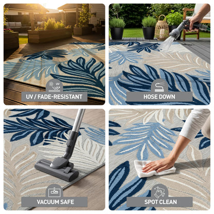 Rugshop Indoor/Outdoor High-Low Textured Area Rug, Botanical, Easy-Clean Patio Rug for Porch Deck Balcony 5' x 7' Dark Blue