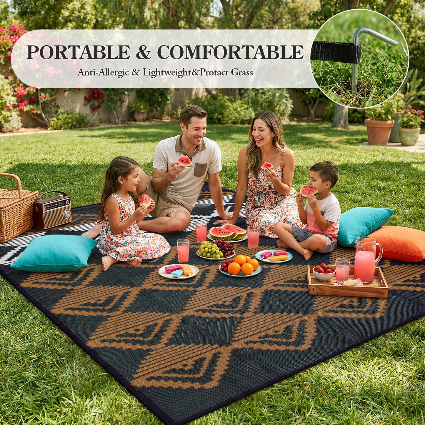 Beeiva Outdoor Rug 8x10 Waterproof for Patio, Reversible Outdoor Patio Rug for Deck, Backyard, RV Camping, Plastic Straw Rug Black Brown