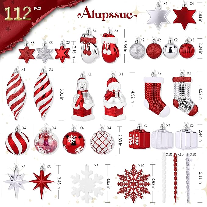 Alupssuc 112pcs Christmas Balls Ornaments Set, Shatterproof Plastic Baubles Christmas Penguin, Polar Bear for Xmas Tree Holiday Wedding Party Decorations with Hanging Strings, Red, Silver and White