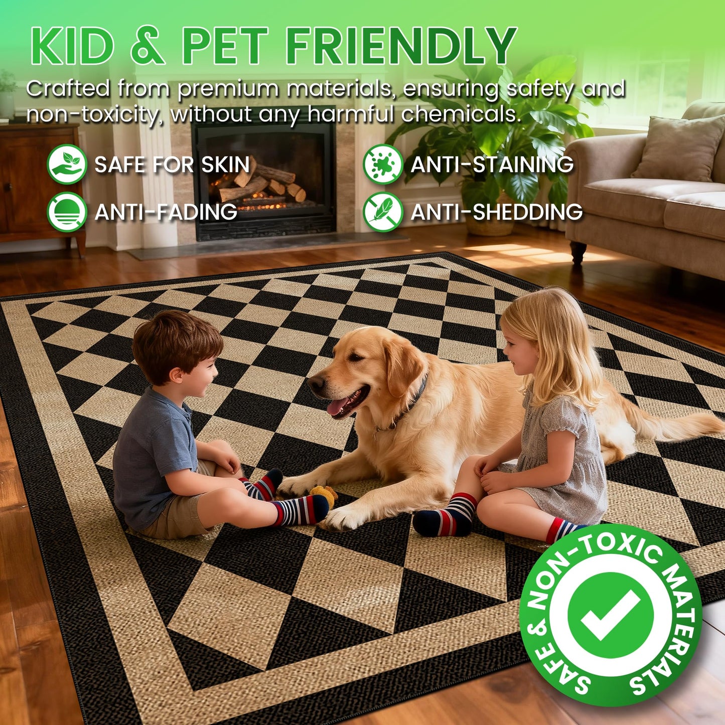 JROSING Washable Checkered Easy Jute Rug 5x7, Black Checkerboard Geometric Modern Outdoor Indoor Patio Large Rugs, Woven Thin Carpet Mat for Living Dining Room Bedroom Classroom Kids Nursery Play Room