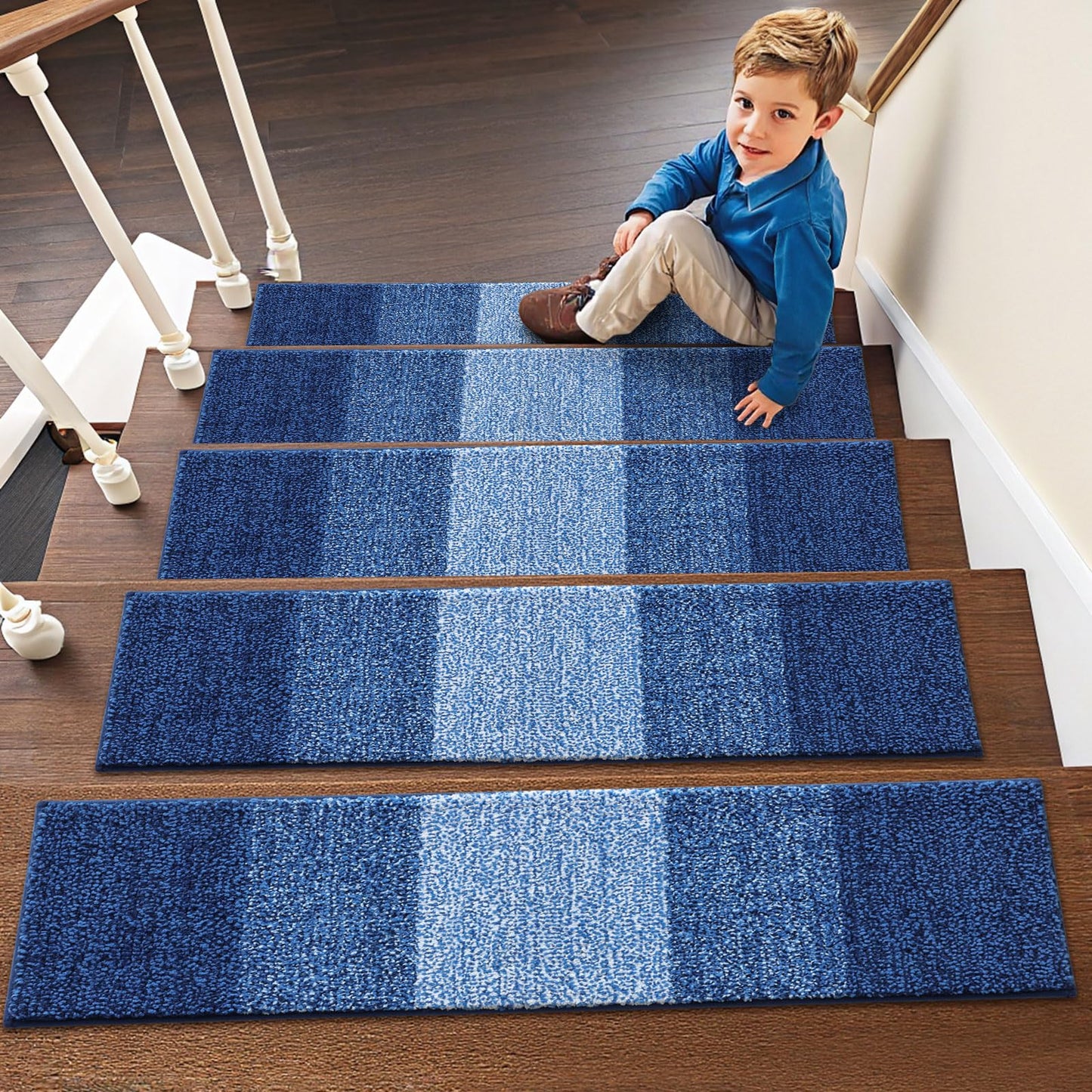 OLANLY Stair Treads Non Slip 15PCS, 8" x 30" Indoor Stair Runners for Wooden Steps, Edging Stair Rugs with Reusable Peel and Stick Adhesive for Kids Elders and Pets, Navy