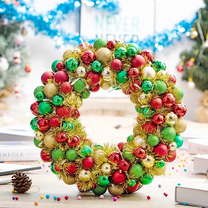 Amooca 16in Christmas Ball Wreath with LED Lights Front Door Window Decorative Hanging Ornaments Table Centerpiece Holiday Party Home Decoration Red Gold Green