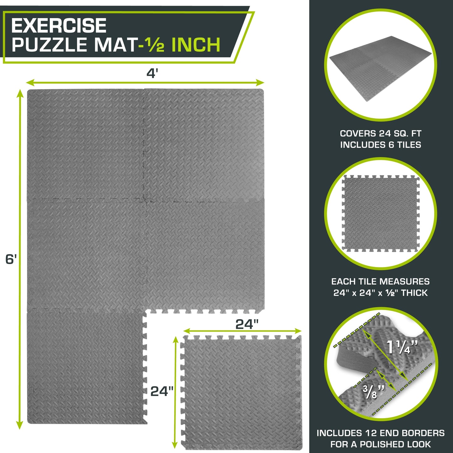 ProsourceFit Exercise Puzzle Mat ½-inch, EVA Interlocking Foam Floor Tiles for Home Gym, Workout Equipment, Kids Play Areas, Grey, 24 SQ FT - 6 Tiles