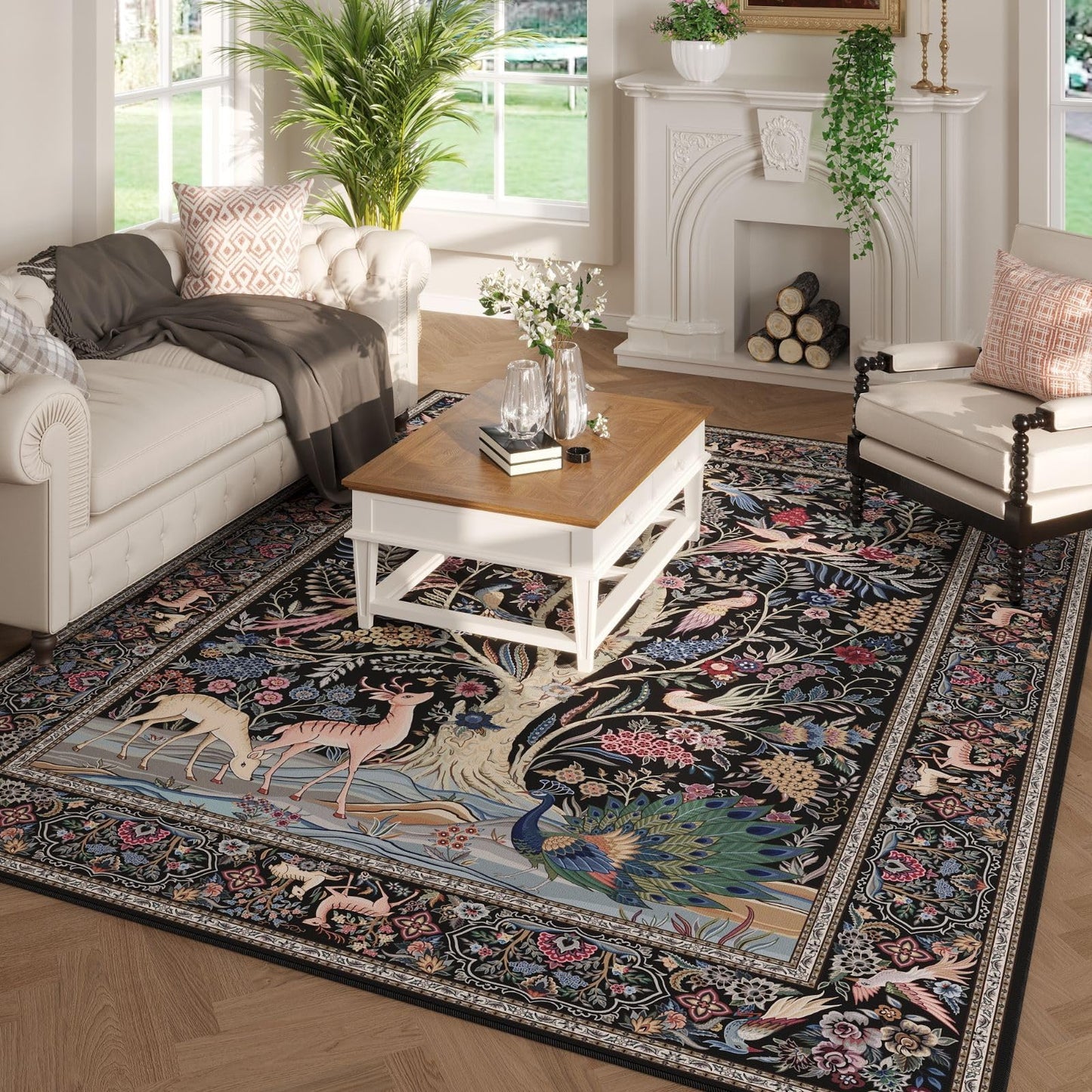 Rugcomf Area Rugs 5x7 Vibrant Tree of Life-Patterned Vintage Washable Area Rug Non Slip Low Pile Large Rugs for Living Room Bedroom Farmhouse Dining Room Kids Playroom, Black