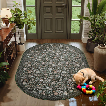 Clemile Floral Oval Rug 4x6 - Washable Ultra-Thin Living Room Rug Non-Slip Carpets - Soft & Stain Resistant Rug for Kitchen Bedroom Dining Room Indoor Nursery Dark Green