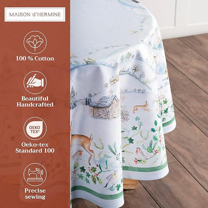 Maison d' Hermine Table Cloth Round Table 100% Cotton 63 Inches Fall Tablecloth Reusable Everyday Use for Thanksgiving Christmas Decorations Dining Farmhouse Party (Snowy World)