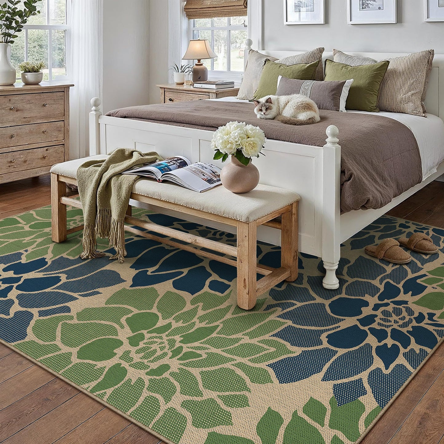 PureCozy 5x7 Easy Jute Outdoor Rug Navy/Green Floral Textured Indoor Outdoor Area Rug Farmhouse Patio Carpet for Backyard, Patio, Porch, Easy-Cleaning, High Traffic, Pet-Friendly, Non-Shedding