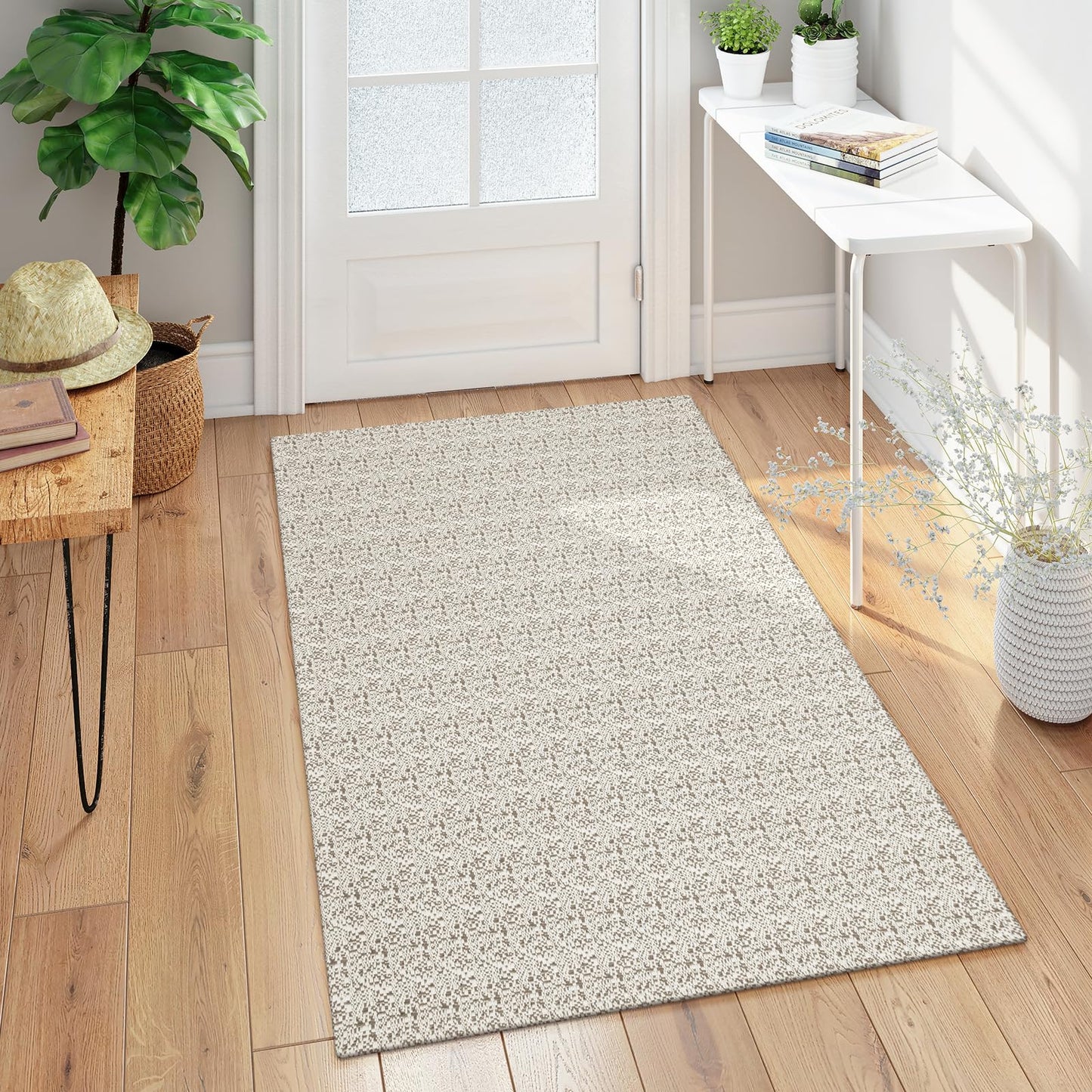 Collive Boho Washable Area Rugs 3x5 Kitchen Area Rugs Rubber Backed Woven Braided Carpet Non-Slip Farmhouse Bedroom Rugs Tan Indoor Front Door Rugs for Entryway Bathroom Balcony, Natural