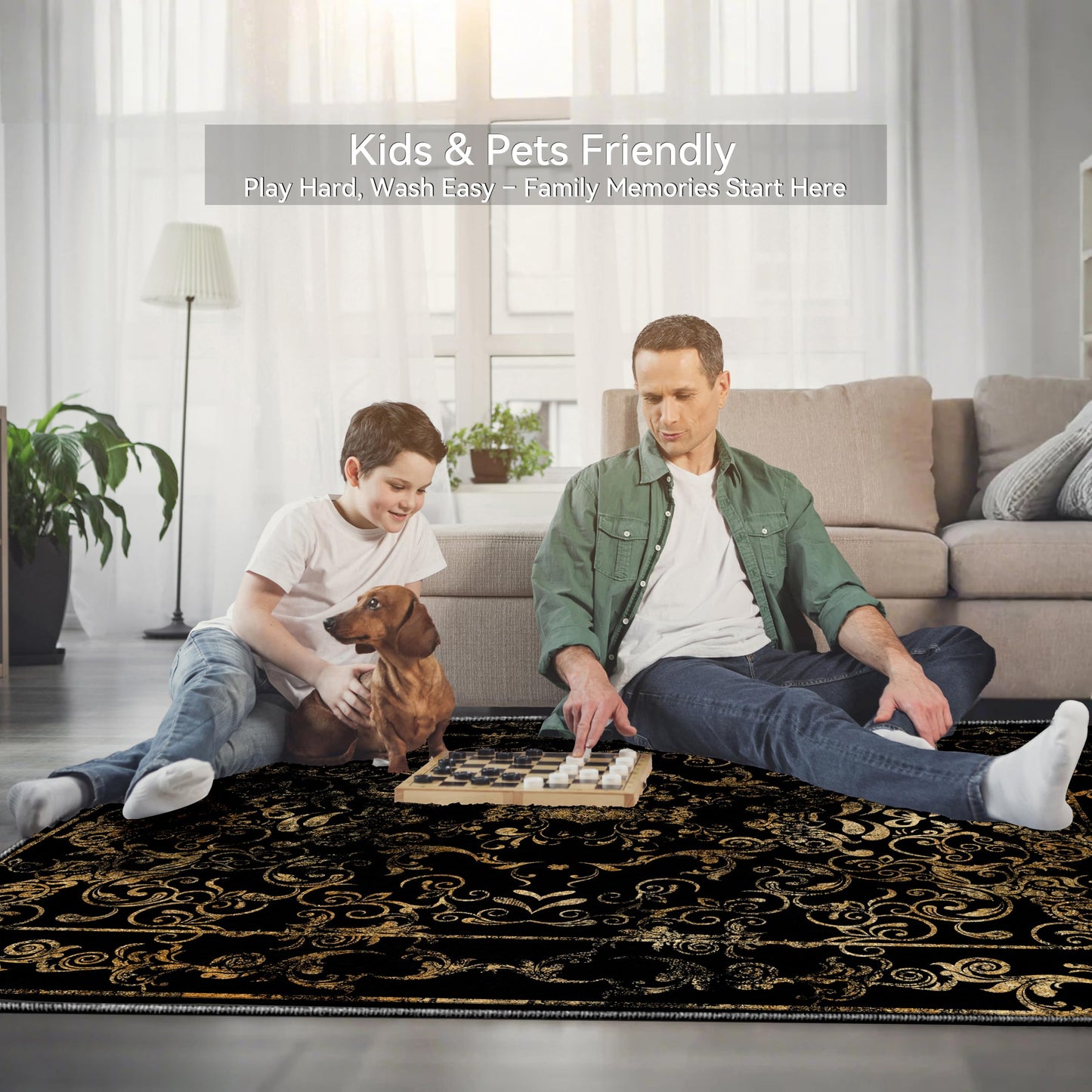 Dark Baroque Gold & Black Area Rug 8x10 - Intricate Filigree Carpet with Symmetrical Scrolls & Ornate Borders, Luxurious Machine Washable Non-Slip Rug for Living Room, Bedroom.