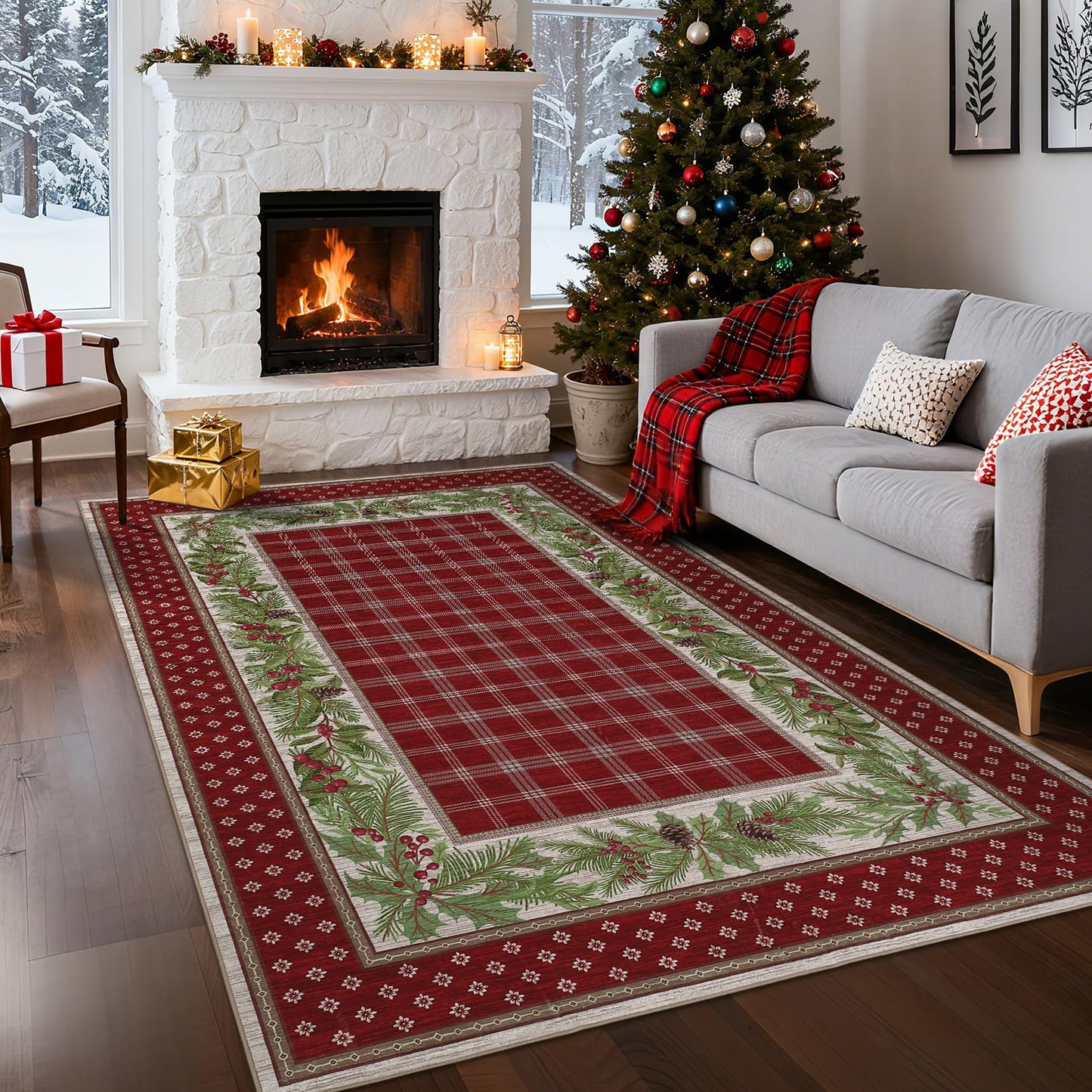 GarveeHome 5x7 Christmas Area Rug for Living Room: Machine Washable Christmas Area Rugs for Bedroom with Non-Slip Backing, Living Room Washable Carpet, Soft Low Pile Non-Slip Bedroom Carpet 5*7 ft Red