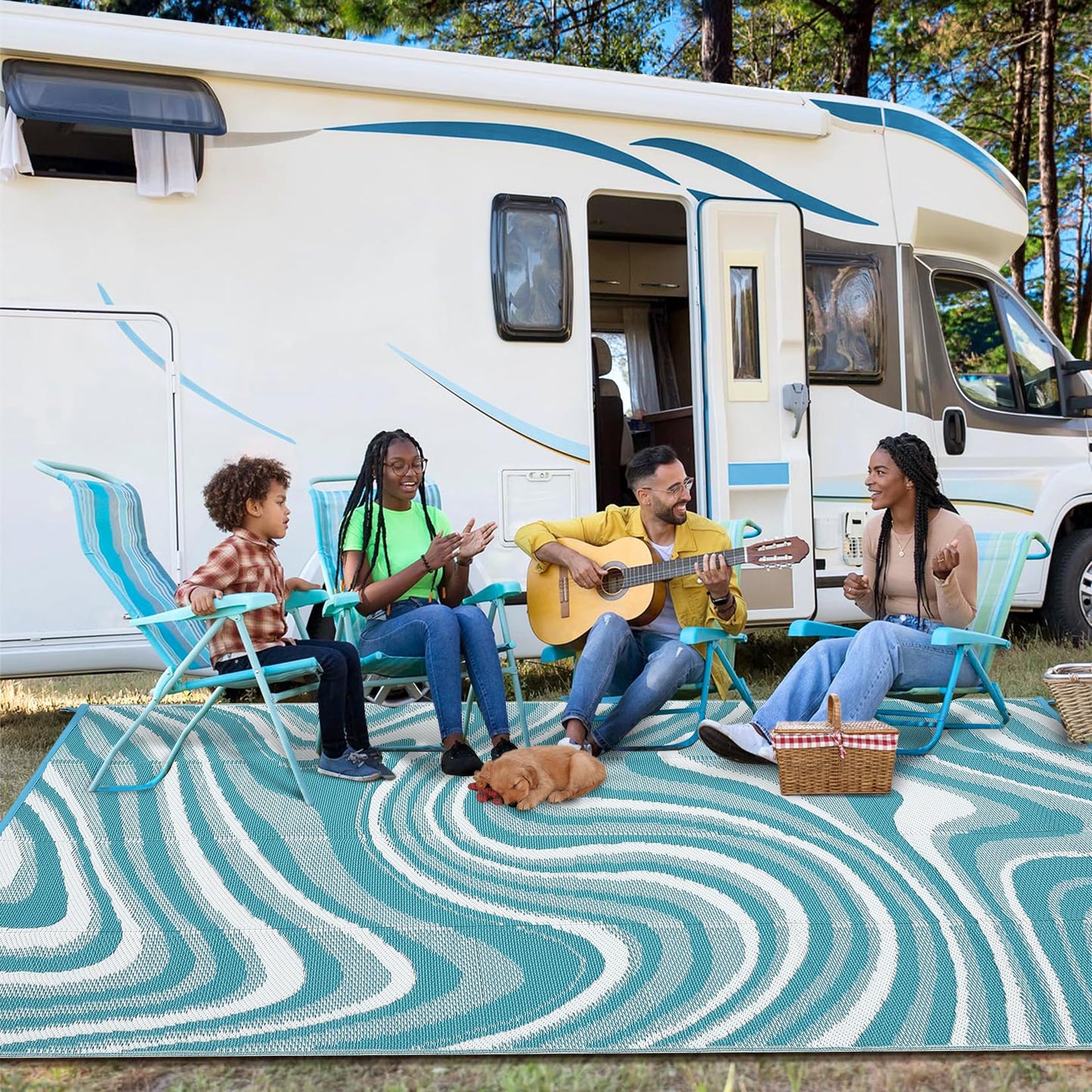 Garvee Large Modern Outdoor Rug 9x12 Patio Rugs Outdoor Waterproof Reversible Plastic Straw Camping Rug, Abstract Outside Rugs for Picnic Backyard Deck Balcony Porch Beach Trailer, Light Blue