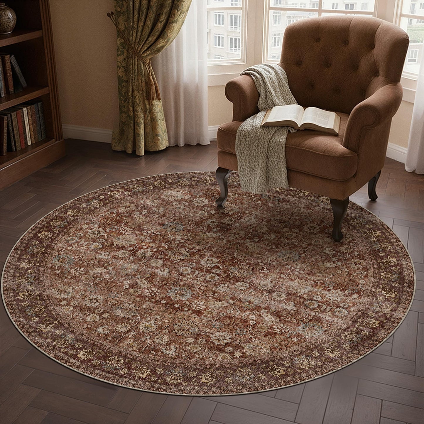 HUGEAR Round Rug 4ft Entryway Rugs Machine Washable Brick Red Hallway Area Rug 4x4 Small Circle Accent Rug Floral Low Pile Carpet Soft Throw Rug Living Room Office Laundry Room Entrance Non Slip