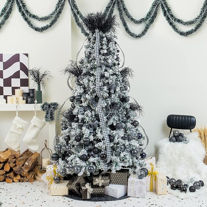 XmasExp 8ct Christmas Ball Ornaments Set -Large Clear Plastic Shatterproof Xmas Tree Ball Hanging Baubles Stuffed Delicate Glittering for Holiday Wedding Xmas Party Decoration (100mm/3.94",Black)