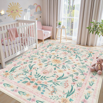 Dadasgk 5x7 Pink Floral Nursery Rug,Pink Rugs for Bedroom Girls,Machine Washable Non Slip Soft Faux Wool Carpet,Cute Boho Indoor Area Rugs for Kids Room or Playroom